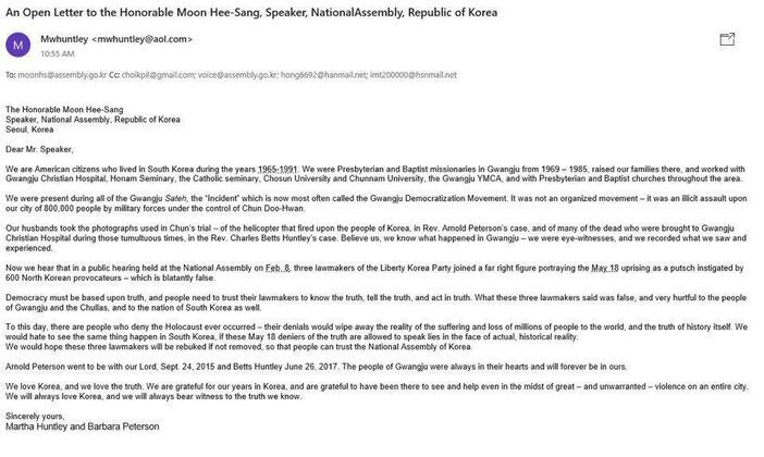 A screenshot of the email Huntley and Peterson sent to South Korean National Assembly Speaker Moon Hee-sang.