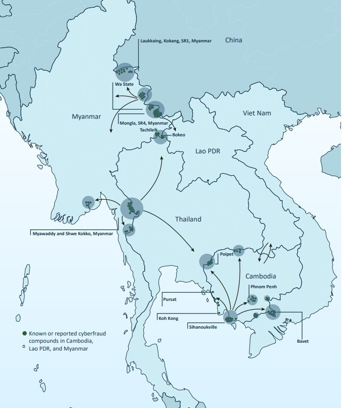 온라인 스캠 범죄가 발생하는 범죄 단지들. 유엔 마약범죄사무소(UNODC) 보고서 갈무리