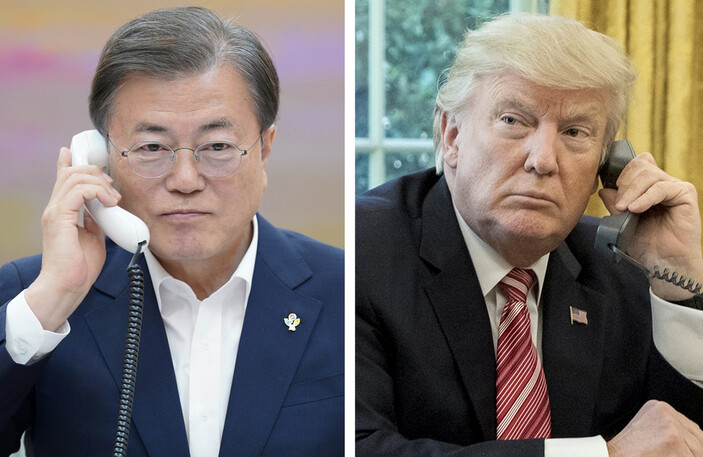 South Korean President Moon Jae-in and US President Donald Trump talk on the phone on June 1. (provided by the Blue House)