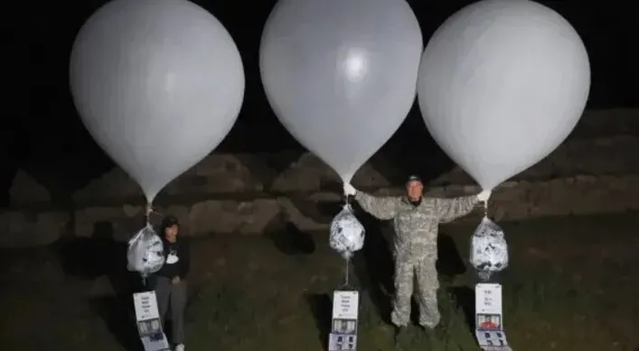 A civic group representing families of abductees held in North Korea flew propaganda leaflets into North Korea from the city of Paju, south of the border, at around 9 pm on May 2, 2025. (courtesy of the civic group)