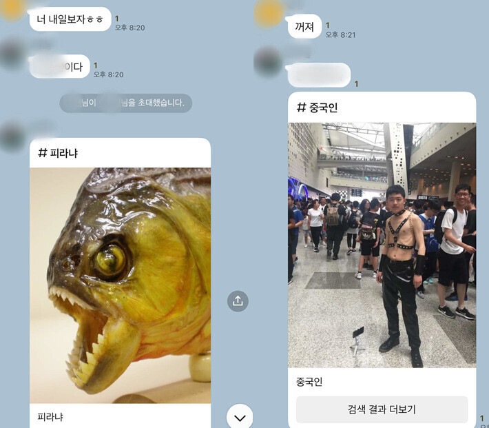 지난 4월 제주의 한 초등학교 6학년 학생이 모인 카카오톡 단체대화방. 한 학생이 초대한 중국 국적의 ㄱ학생이 입장하자 다른 학생이 기괴한 이미지를 올렸다. 이 단체대화방을 우연히 본 ㄴ학생의 부모의 신고로 학폭 사실이 알려졌다. ㄱ학생 어머니 제공