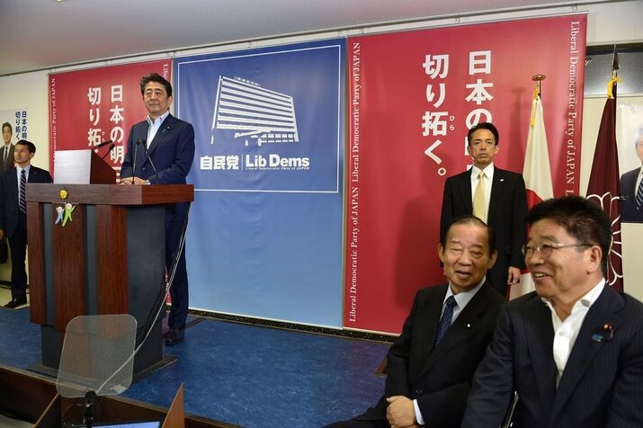 Japanese Prime Minister Shinzo Abe announces the results of the House of Councillors election at his party headquarters in Tokyo on July 22. (AFP/Yonhap News)