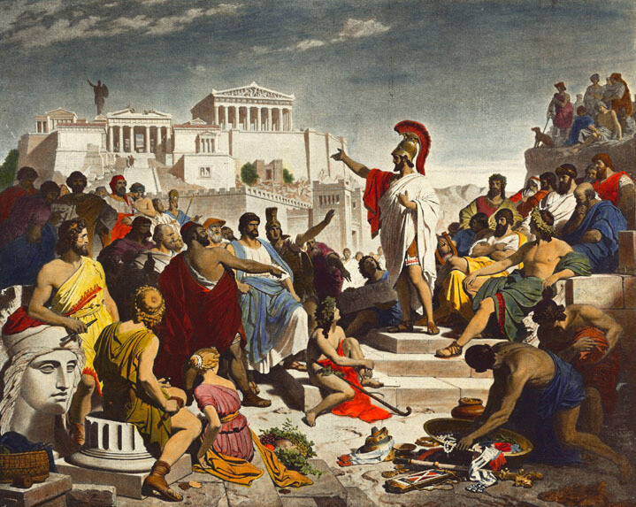 고대 아테네의 정치인 페리클레스가 의회 앞에서 유명한 장례 연설을 하는 모습을 묘사한 19세기 필리프 폴츠의 그림. 위키미디어 코먼스