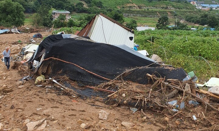 8월12일 충북 충주시 세고개마을에 열흘 전 산사태로 150m가량 쓸려간 집이 구겨져 있다. 이곳에 살던 76살 할머니는 숨졌다. 서보미 기자