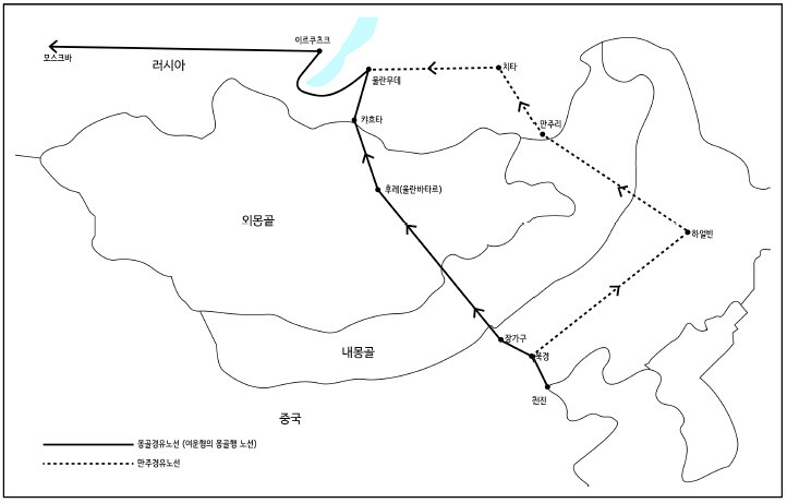 몽골 경유 노선과 만주 경유 노선. 오미영 제공