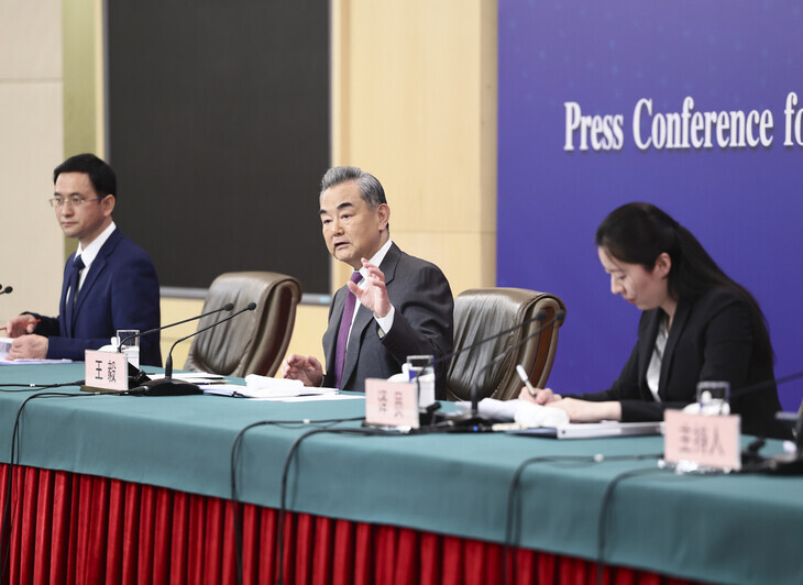 Chinese Foreign Minister Wang Yi speaks at a press conference held on the sidelines of the 14th National People's Congress in Beijing on March 7, 2024. (Xinhua/Yonhap)
