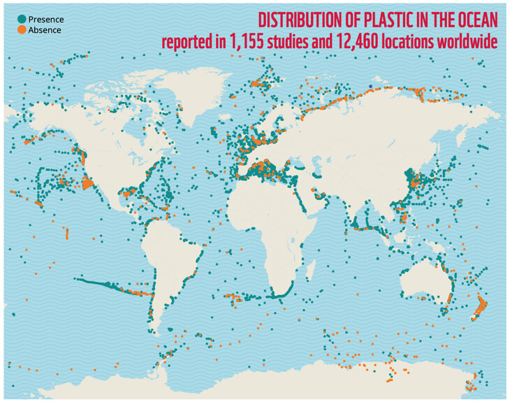 전세계 플라스틱 오염 바다 현황. 녹색은 플라스틱 쓰레기 확인 지점이고 주황색은 다른 쓰레기가 발견된 곳. 독일 알프레트 베게너 연구소의 보고서 갈무리
