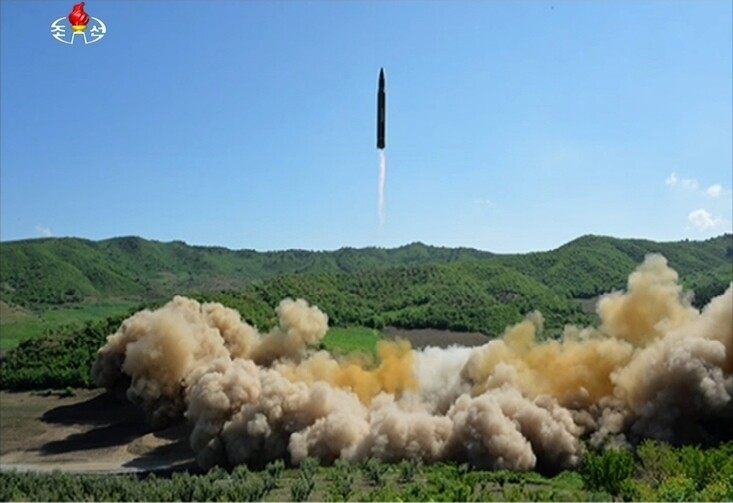 An image from Korean Central Television of the launch of a Hwasong-14 intercontinental ballistic missile