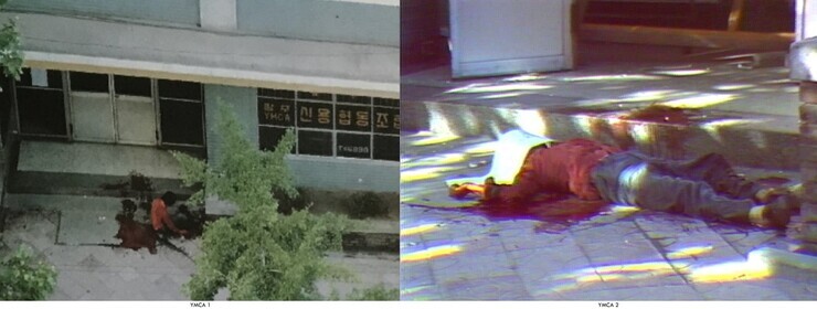 Kim Jong-yeon sits outside the YMCA after being shot on May 27, 1980, after the supposed end of the suppression campaign in Gwangju (left). Though Kim had still been alive, he was shot once more by martial law forces and killed (right). (courtesy of Jeong Su-man, former chairperson of the May 18 Victims’ Family Members Association)