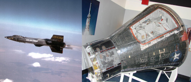 그림 1. 1960년대에 탄도우주비행에서 재사용한 X-15 로켓 항공기(왼쪽)와 전시된 제미니 SC-2 귀환캡슐(오른쪽)
