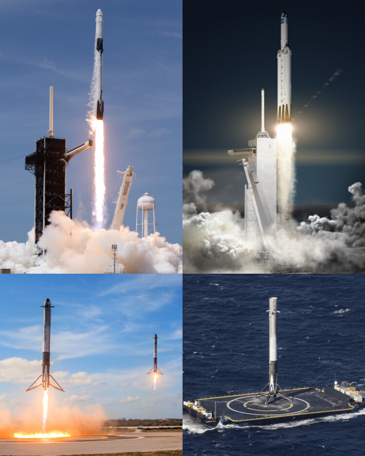 그림 8. 스페이스엑스의 재사용 로켓 팰컨 9(왼쪽 위)과 팰컨 헤비(오른쪽 위). 3개의 로켓으로 구성된 팰컨 헤비의 1단 로켓 중 가운데 로켓을 제외한 양쪽의 부스터 로켓은 먼저 분리되어 지상에 착륙하고(왼쪽 아래), 남은 1단 로켓은 좀 더 긴 시간 동안 추진한 후 분리되어 바다에 떠 있는 드론십에 착륙한다.(오른쪽 아래) 팰컨 9 로켓은 상황에 따라 지상에 착륙하거나 바다 위 드론십에 착륙한다. 사진출처: Wikimedia Commons