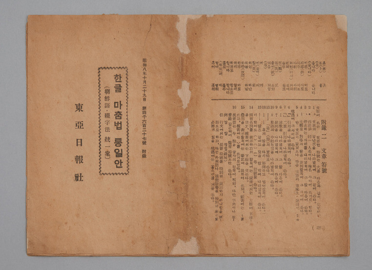 조선어학회가 1933년 10월29일(당시의 한글날) 완성해 발표한 ‘한글 마춤법 통일안’. 출처 국립한글박물관 누리집