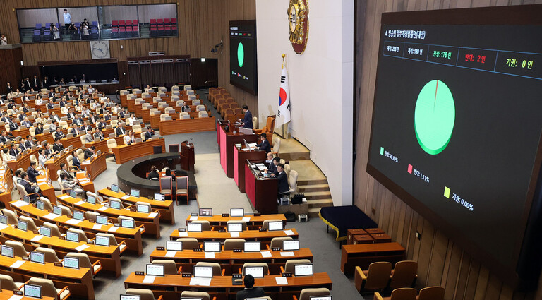 5일 국회 본회의에서 방송법 일부개정법률안이 통과되고 있다. 김경호 선임기자 jijae@hani.co.kr