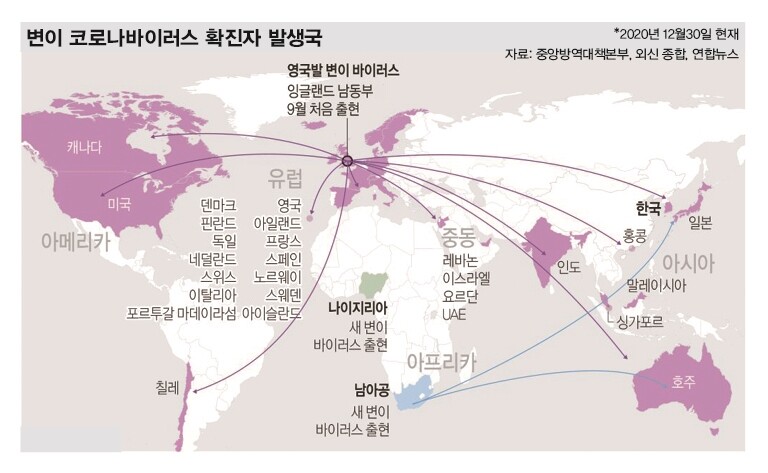 변이 코로나바이러스 확진자 발생국