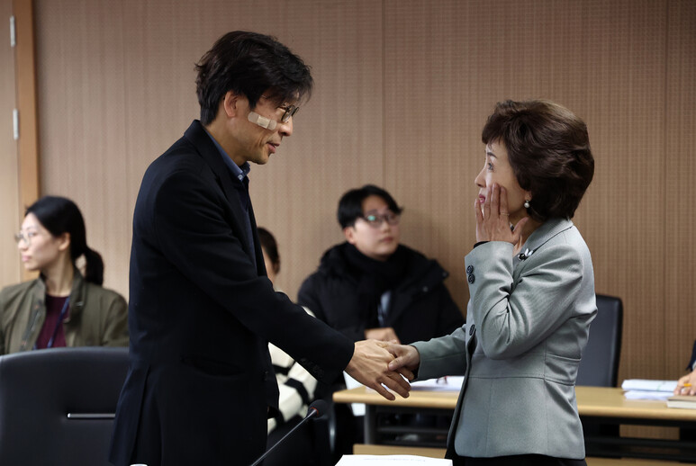 17일 오후 서울 중구 진실·화해를위한과거사정리위원회에서 열린 전체위원회 개회 직전 박선영 위원장(오른쪽)이 송상교 사무처장의 자리로 가 악수를 하고 있다. 연합뉴스