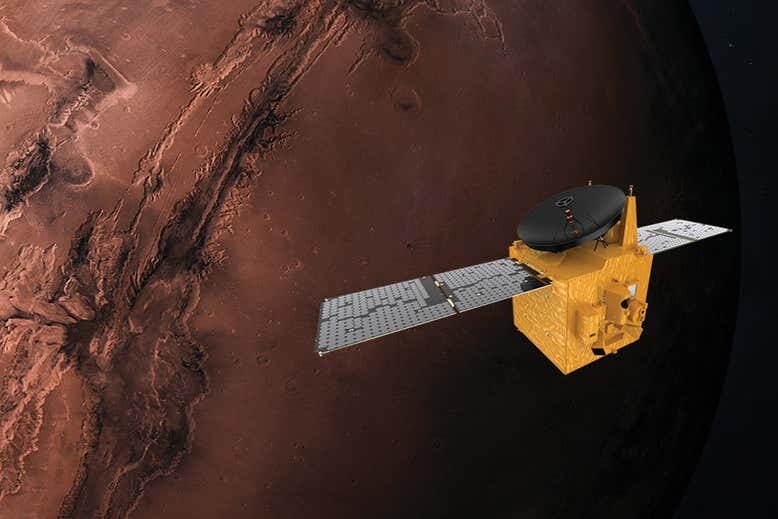 ﻿아랍에미리트의 화성탐사선 아말의 궤도비행 상상도. MBRSC