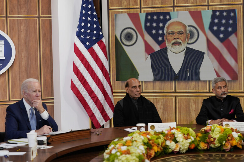 US President Joe Biden meets virtually with Indian Prime Minister Narendra Modi at the White House on April 11. (AP/Yonhap News)