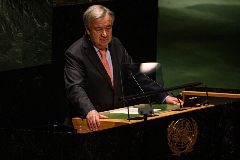 UN Secretary-General António Guterres speaks at the 10th review conference of the parties to the Treaty on the Non-Proliferation of Nuclear Weapons held at the UN headquarters in New York on Aug. 1. (AFP/Yonhap News)