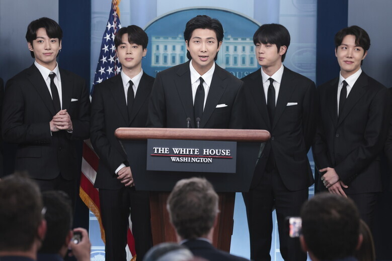 RM of BTS speaks from the White House briefing room podium on May 31. (EPA/Yonhap News)