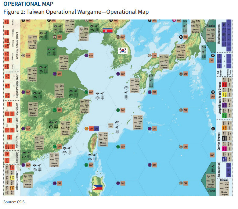 An operational map for a wargame envisioning a Chinese invasion of Taiwan (courtesy of CSIS)