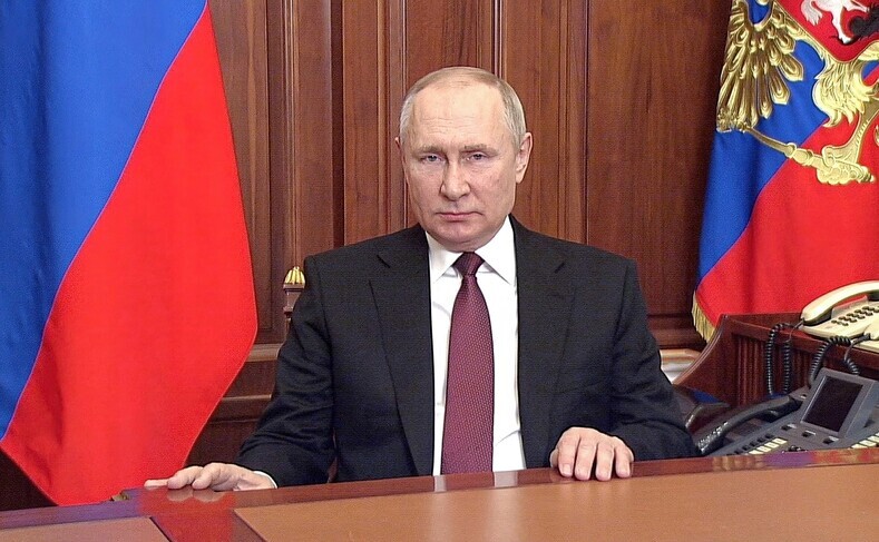Russian President Vladimir Putin addresses the public in a video stating that Russia will begin its invasion of Ukraine on Feb. 24. (AP/Yonhap News)