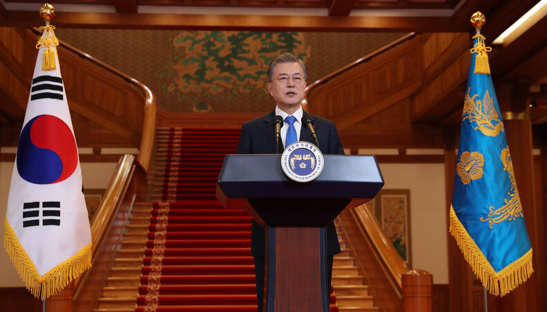 South Korean President Moon Jae-in holds a New Year’s press conference at the Blue House on Jan. 10. (Kim Jung-hyo