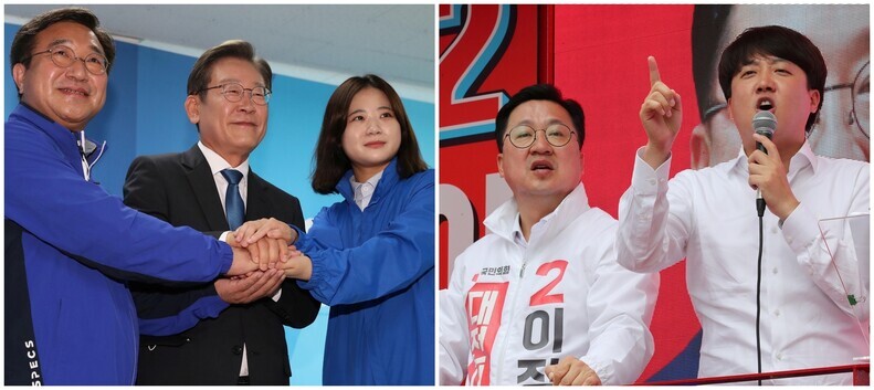 Lee Jae-myung (left photo, center), the Democratic Party candidate for a National Assembly seat in Incheon’s Gyeyang District, stands with joint election committee leaders Yun Ho-jung and Park Ji-hyun on May 30. Lee Jun-seok (right photo, right), the leader of the People Power Party, stumps for Daejeon mayoral candidate Lee Jang-woo on May 30. (pool photos)