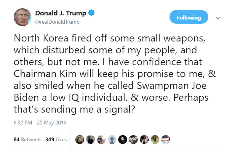 US President Donald Trump’s tweet regarding North Korea’s short-range missiles on May 25.
