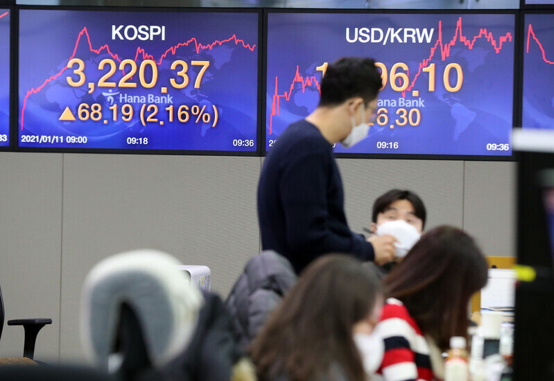 The KOSPI crosses the 3,000 mark on Jan. 11. (Yonhap News)