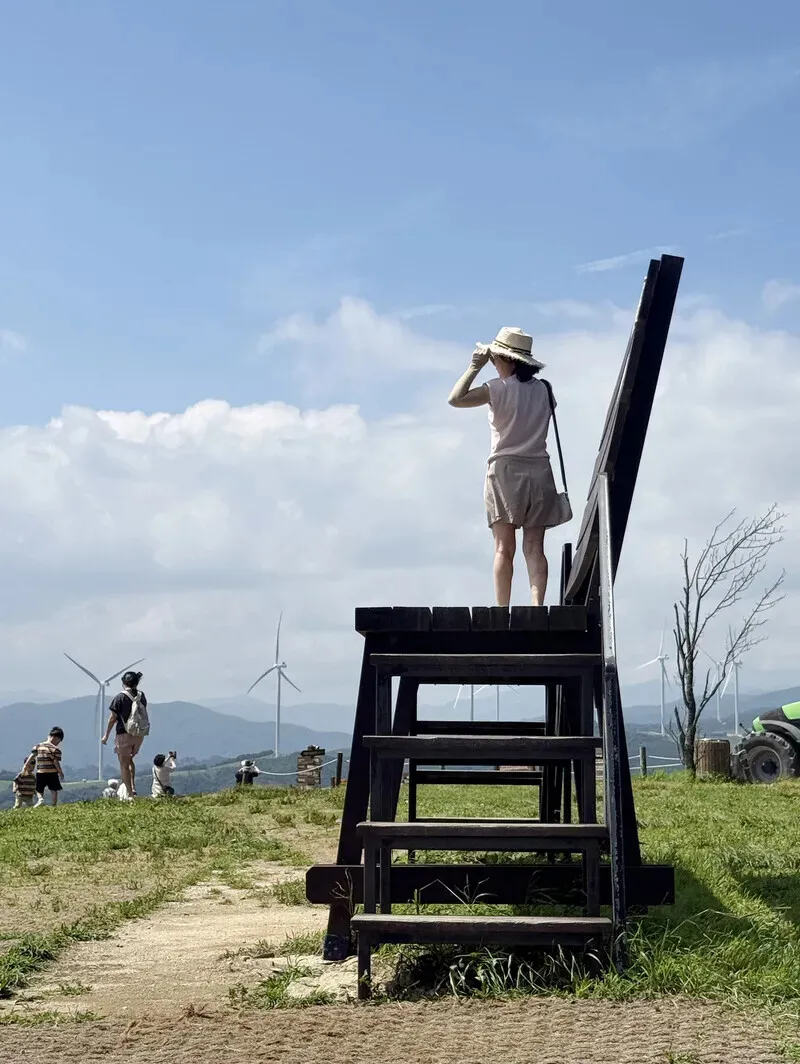 Travelers take in the view from the mountaintop at Daegwallyeong Sky Ranch. (Park Mee-hyang/Hankyoreh)