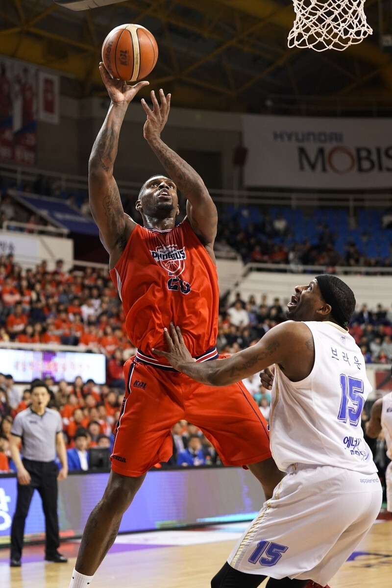 US-born South Korean basketball players Ricardo Ratliffe (left) and Brandon Brown during the 2019 KBL playoffs. (provided by the KBL)