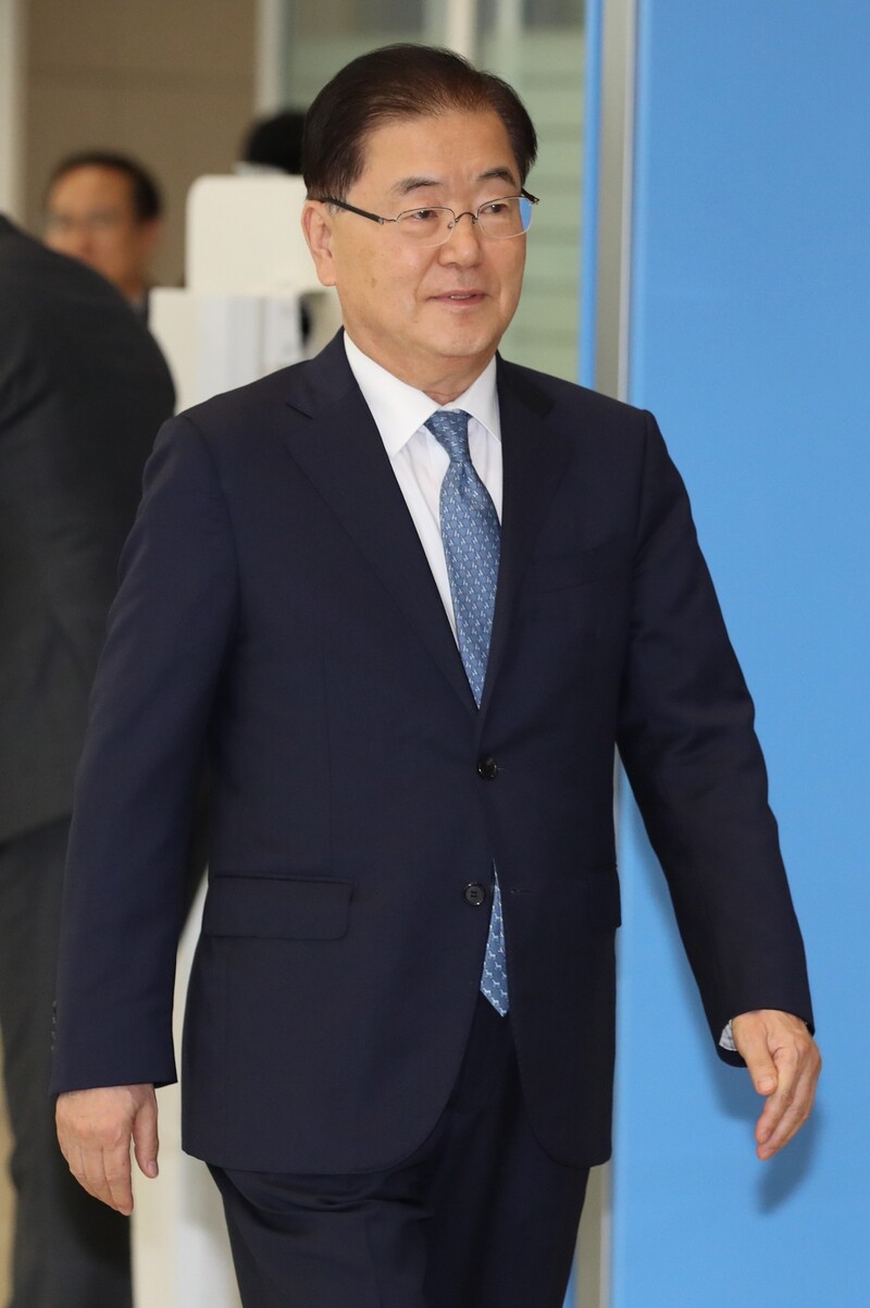 Blue House National Security Council Director Chung Eui-yong returns to South Korea via Incheon International Airport on July 22 after his visit to the US