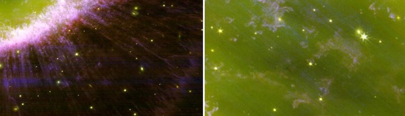 왼쪽은 고리성운 바깥쪽 후광의 남쪽 부분을 확대한 사진. 고리 중심을 향해 수백개의 가는 줄무늬가 나 있다. 이 줄무늬의 정체는 아직 밝혀내지 못했다. 오른쪽은 사진 중앙 부분을 확대한 것으로 사진에서 가장 밝게 빛나는 별이 고리성운의 중심별이다. 나머지 희미한 별들은 고리성운과 관련이 없다. 맨체스터대 제공