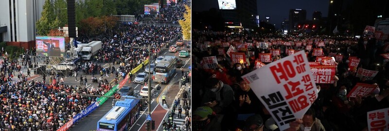 A right-wing rally takes place in downtown Seoul on Oct. 22 under the name “Liberal Unification People’s Rally to Eradicate Juche Faction” (left photo, Yonhap), while the same night a candlelight protest calling for President Yoon Suk-yeol’s resignation takes place in the same area of Seoul (Kim Hye-yun/The Hankyoreh)
