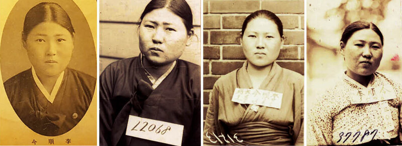 (왼쪽부터) 1932년 3월25일자 &lt;동덕여자고등보통학교 제18회 졸업 앨범&gt;에 수록된 앳된 모습의 이순금. 1933년 2월9일 반제동맹 사건에 연루돼 동대문경찰서에 체포된 이순금. 1936년 6월30일 서대문형무소에 구금된 이순금. 여성용 죄수복이 일본 기모노를 닮았다. 1938년 4월8일 서대문형무소의 이순금. 국사편찬위원회 제공