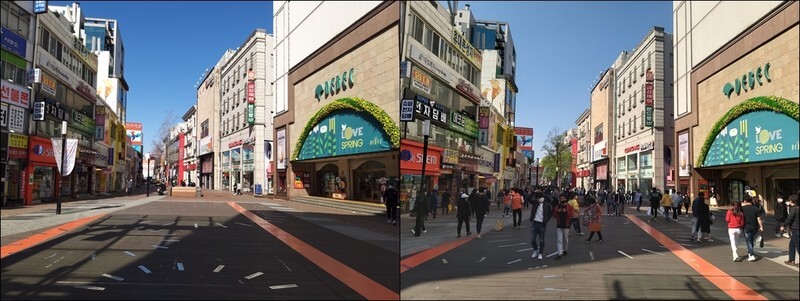 A comparison of before and after the worst of the COVID-19 outbreak in front of Daegu Department Store. The left image was taken on Feb. 23, in the midst of the city’s crisis, and the right image was taken on Mar. 15.