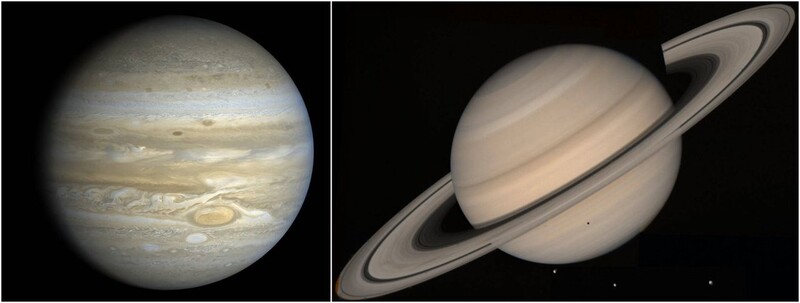 보이저 2호가 찍은 목성(왼쪽)과 토성.