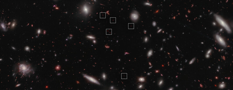 빅뱅 6억5천만년 후에 탄생한 원시은하단(흰색 네모). 은하간 거리는 최대 20만광년이다. 나사 제공