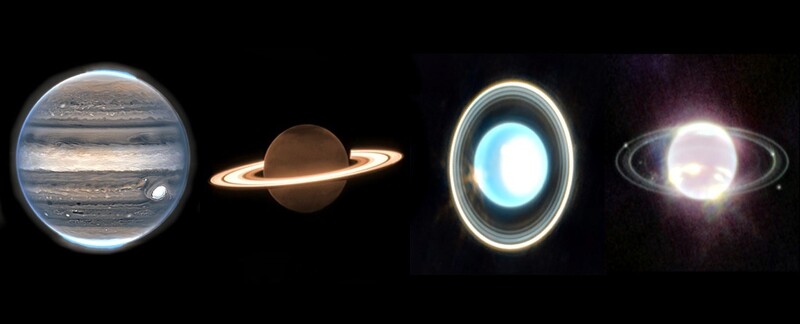 제임스웹우주망원경(JWST)이 지난 1년 동안 근적외선카메라로 촬영한 목성, 토성, 천왕성, 해왕성(왼쪽부터). NASA, ESA, CSA, STScI 제공