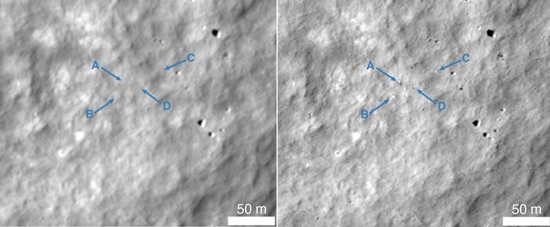달 착륙선 추락 전(왼쪽)과 후(오른쪽)의 달 표면 사진. 추락 이후 촬영된 사진에서 반사율이 높아진 네 곳(A~D)은 잔해, 더 어두워진 오른쪽 아래 구덩이는 추락으로 만들어진 충돌구 또는 잔해일 것으로 분석됐다. 나사 제공