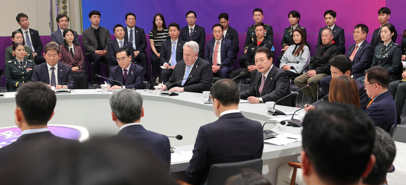 President Yoon Suk-yeol speaks at a policy review meeting held at the Blue House guest house on April 5. (presidential office pool photo)