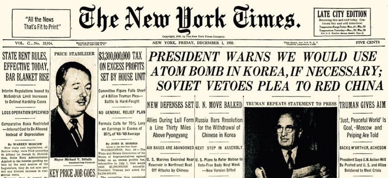 1950년 12월1일치 &lt;뉴욕 타임스&gt; 1면. 뉴욕 타임스 갈무리
