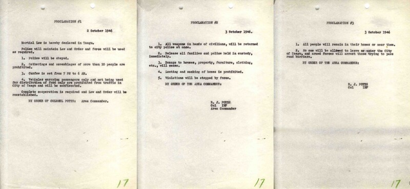 1946년 10월2∼3일 미군정이 발표한 계엄령 포고 1∼3호 원문. 시간과공간연구소 제공