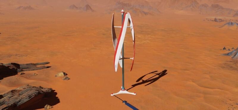 비디오 게임 ‘서바이밍 마스’(Surviving Mars)에 묘사된 가상의 화성 풍력 터빈. 위키미디어 코먼스