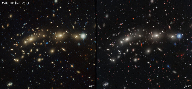 허블우주망원경의 가시광선 사진(왼쪽)과 제임스웹우주망원경의 근적외선 사진(오른쪽). 제임스웹 사진은 허블 사진에서 보이지 않거나 거의 보이지 않는 은하들을 보여준다. 제임스웹의 총 노출 시간은 22시간, 허블의 노출 시간은 122시간이다. 미 항공우주국 제공