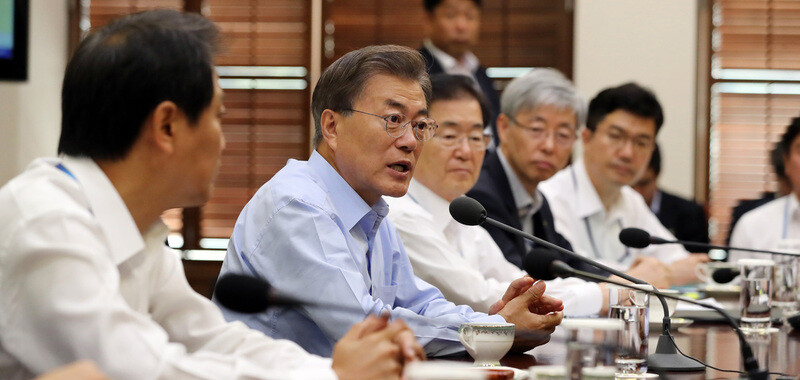 President Moon Jae-in speaks during a meeting of his senior secretariat