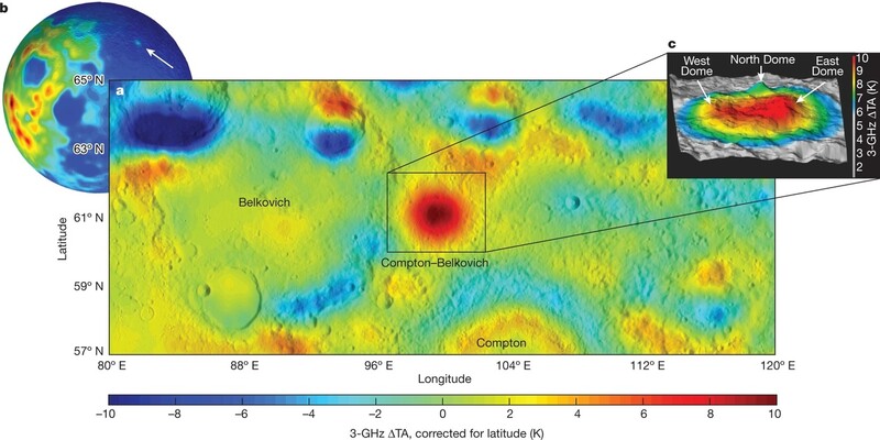 달 뒷면의 지름 50km 크기 화강암지대 위치(왼쪽)와 열 분포도(중앙과 오른쪽). 네이처 제공