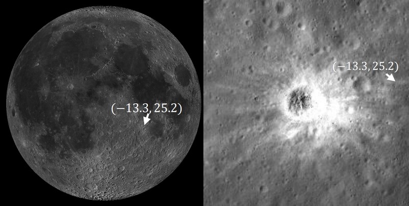 슬림의 착륙 예정 지점인 달 적도 인근 ‘시오리 충돌구’(왼쪽 사진 화살표와 오른쪽 사진). 작사 제공