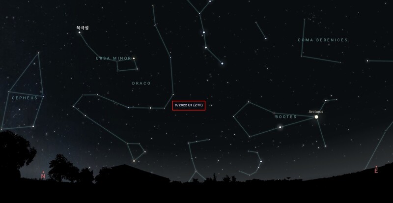 22일 1시 서울 밤하늘에서의 C/2022 E3 (ZTF) 혜성 위치. 스텔라리움