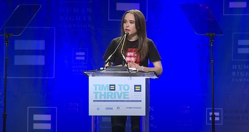 Elliott Page at the Human Rights Campaign (HRC) podium in Las Vegas, USA, February 2014. Save the website for the Human Rights Campaign.